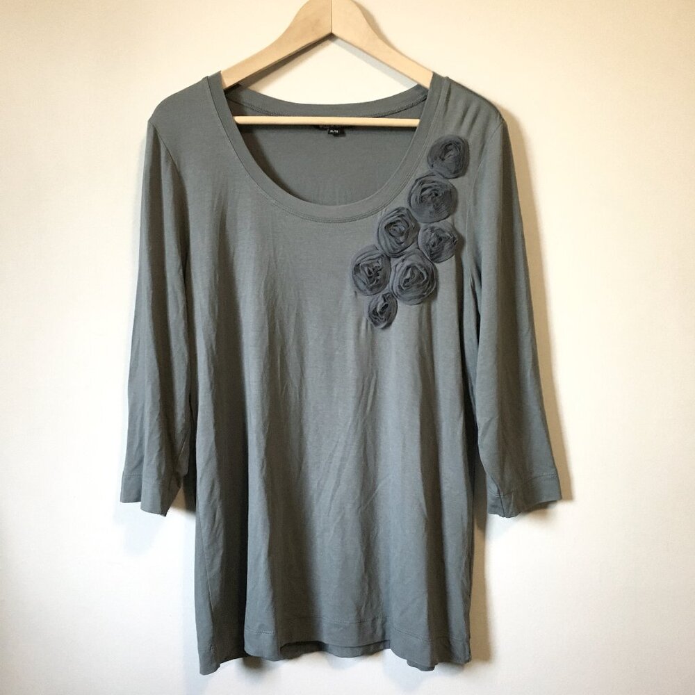 Clay Grey Rayon 3/4 Sleeve Chiffon Rose Accent Top
